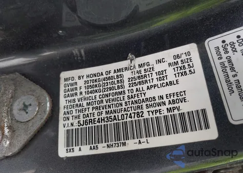 2010 Honda Cr-V Lx from USA, damaged, VIN 5J6RE4H35AL074782